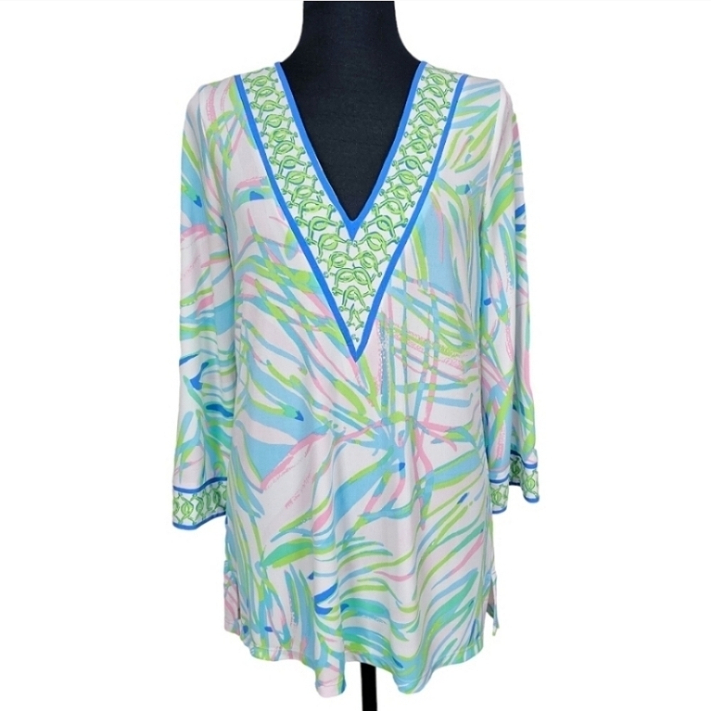 Lilly Pulitzer Coastal Port Tunic Top Size Medium Blue Salute 3/4 Sleeve V-Neck